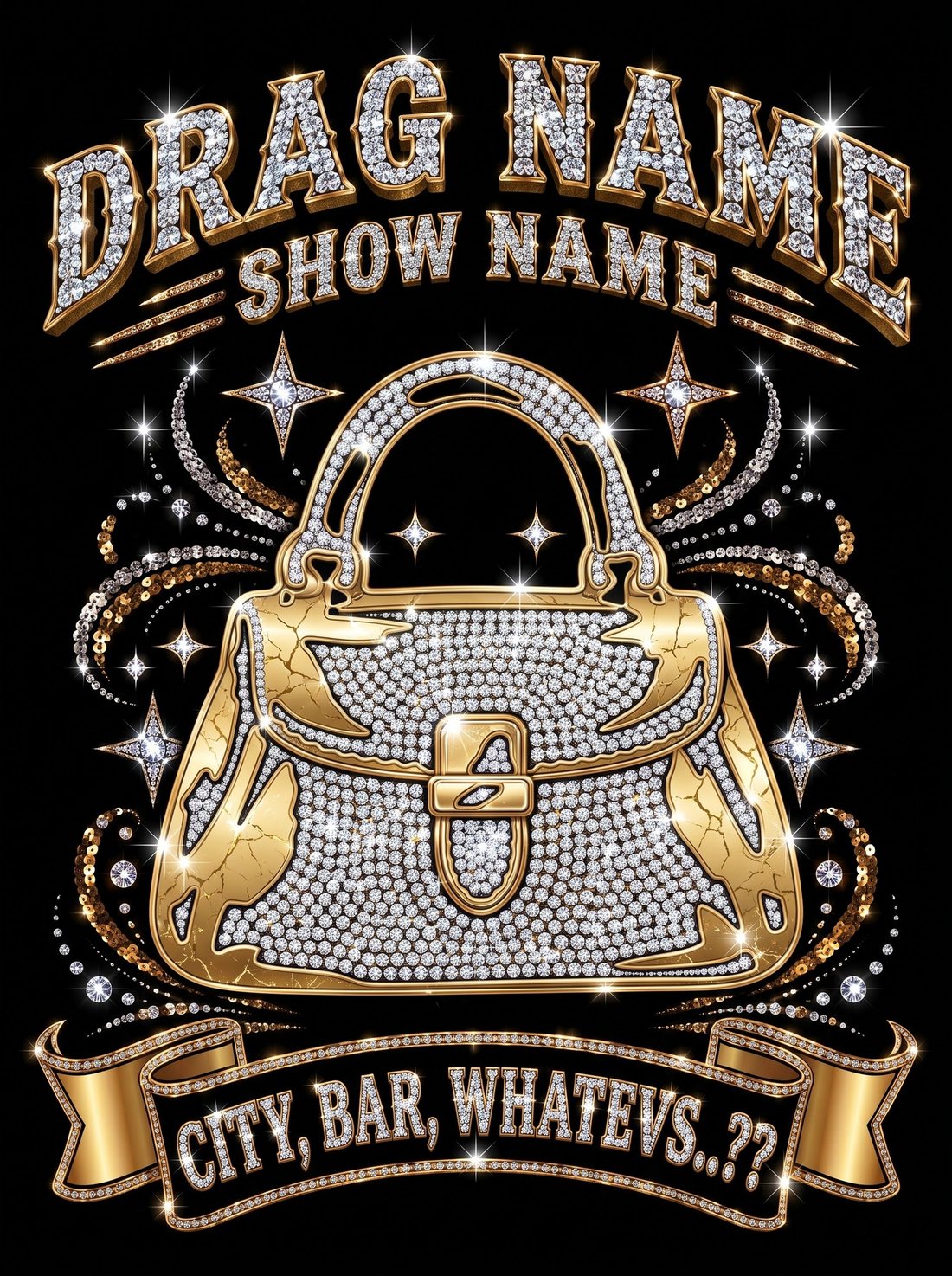 Front design: a diamond-studded gold handbag under the words Drag Name and Show Name, with a banner reading City, Bar, Whatevs
