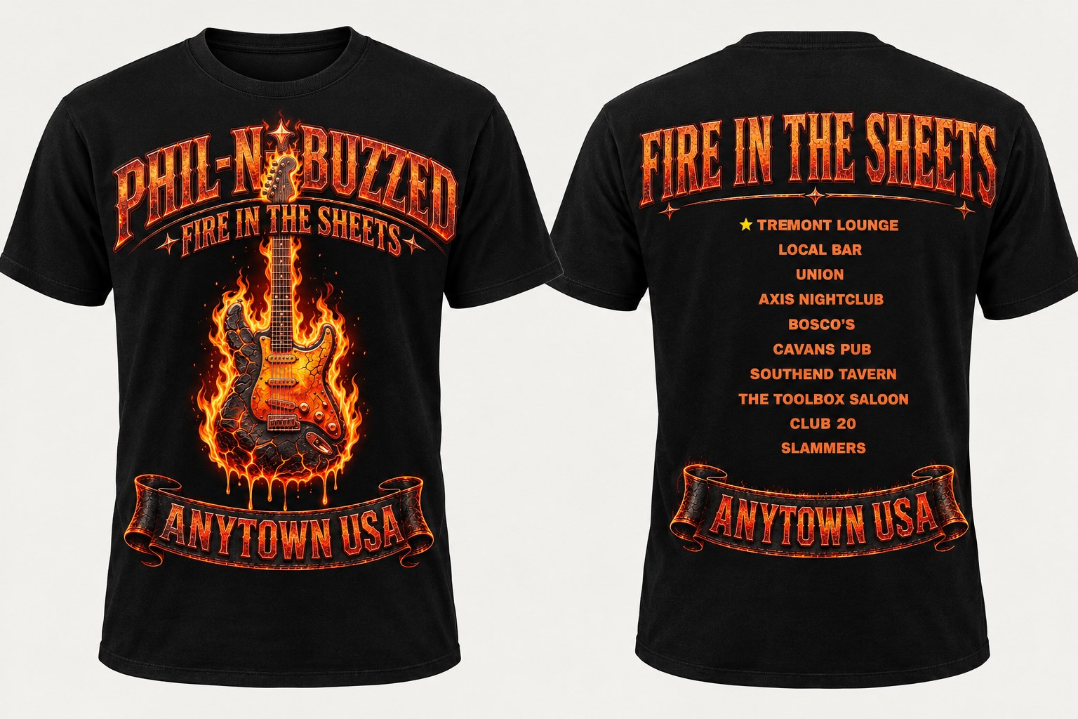 Example KTT2 shirt, front and back — Fire in the Sheets